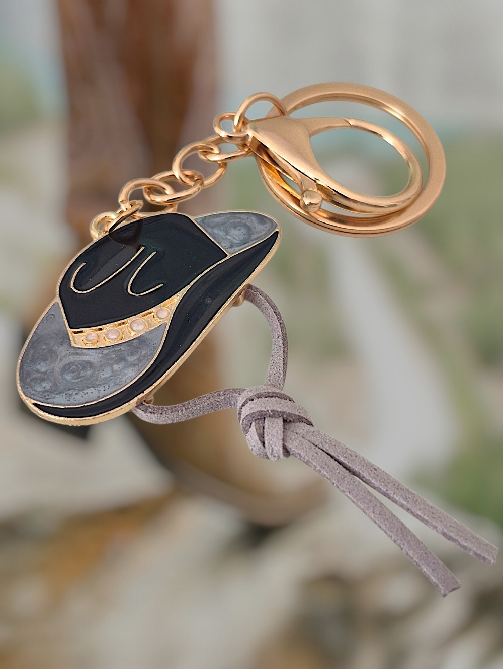 Western Cowboy Hat Bag Charm / Keychain with Gray Suede Tassel